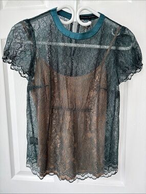Sandra Angelozzi Dark Teal Lace Overlay Top Satin Trim whimsigoth fairy forest S